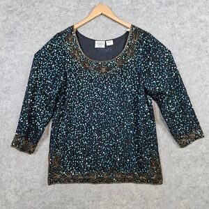 Cervelle Beaded Sequin Top Pure Silk Black Blue Gold Party Holiday Size L Blingy